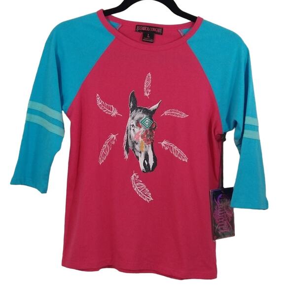 W Rock & Roll Cowgirl Pink Turquoise Horse Feather Graphic Henley T Shirt NWT L - Picture 1 of 7